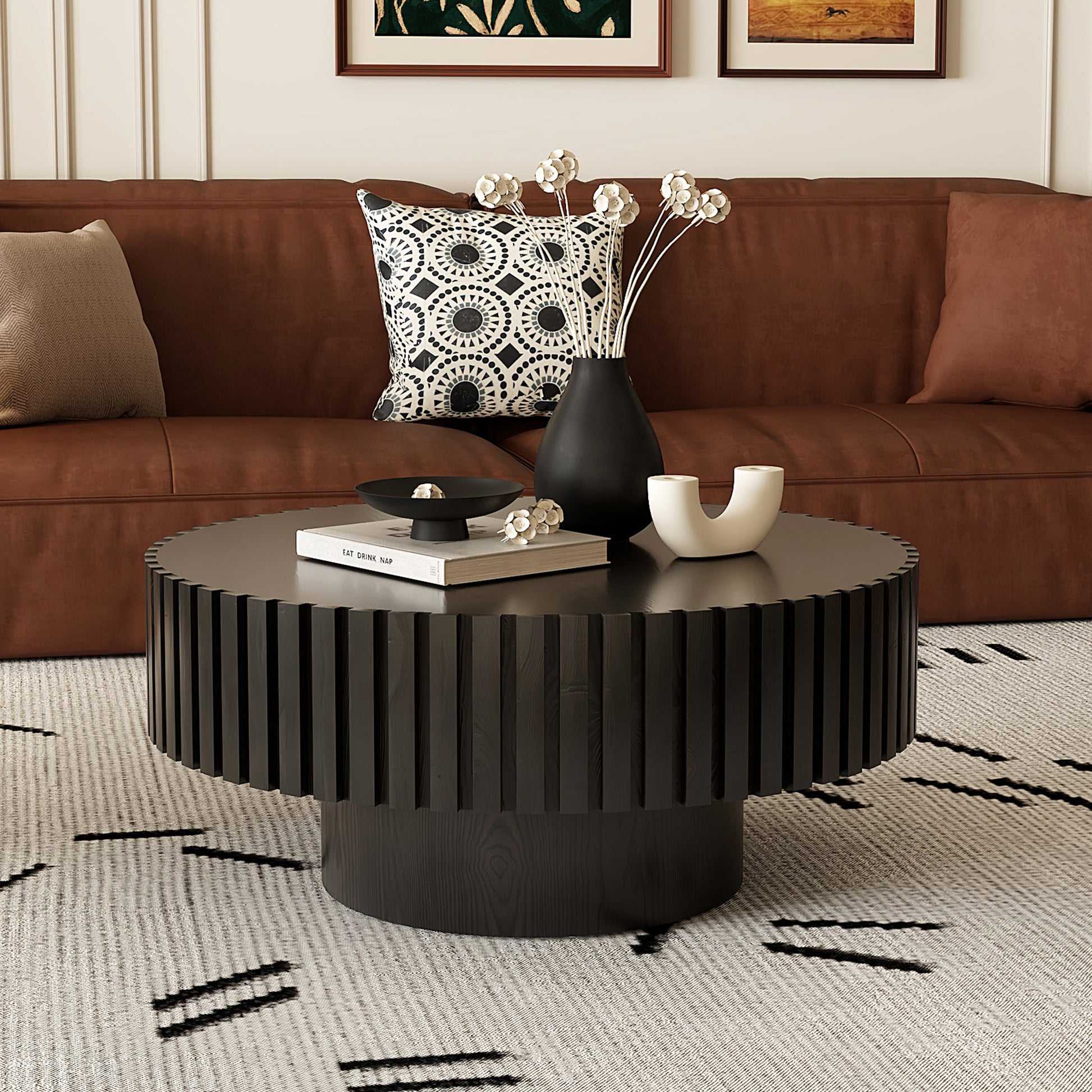 Round Coffee Table Handcrafted Relief Sturdy Pedestal Wooden Olive-Shaped Tea Table for Living Room