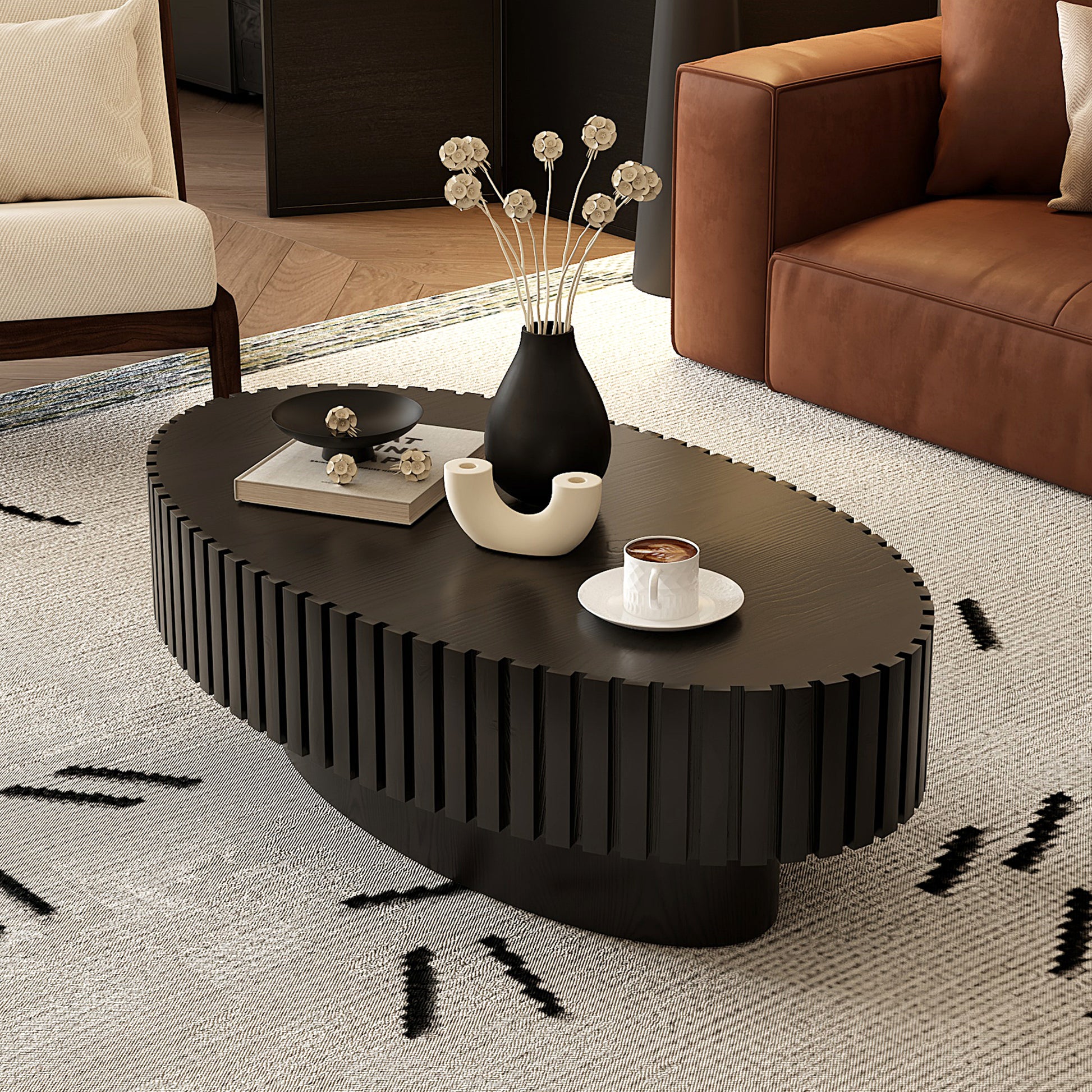 Modern Oval Coffee Table - Black MDF Storage
