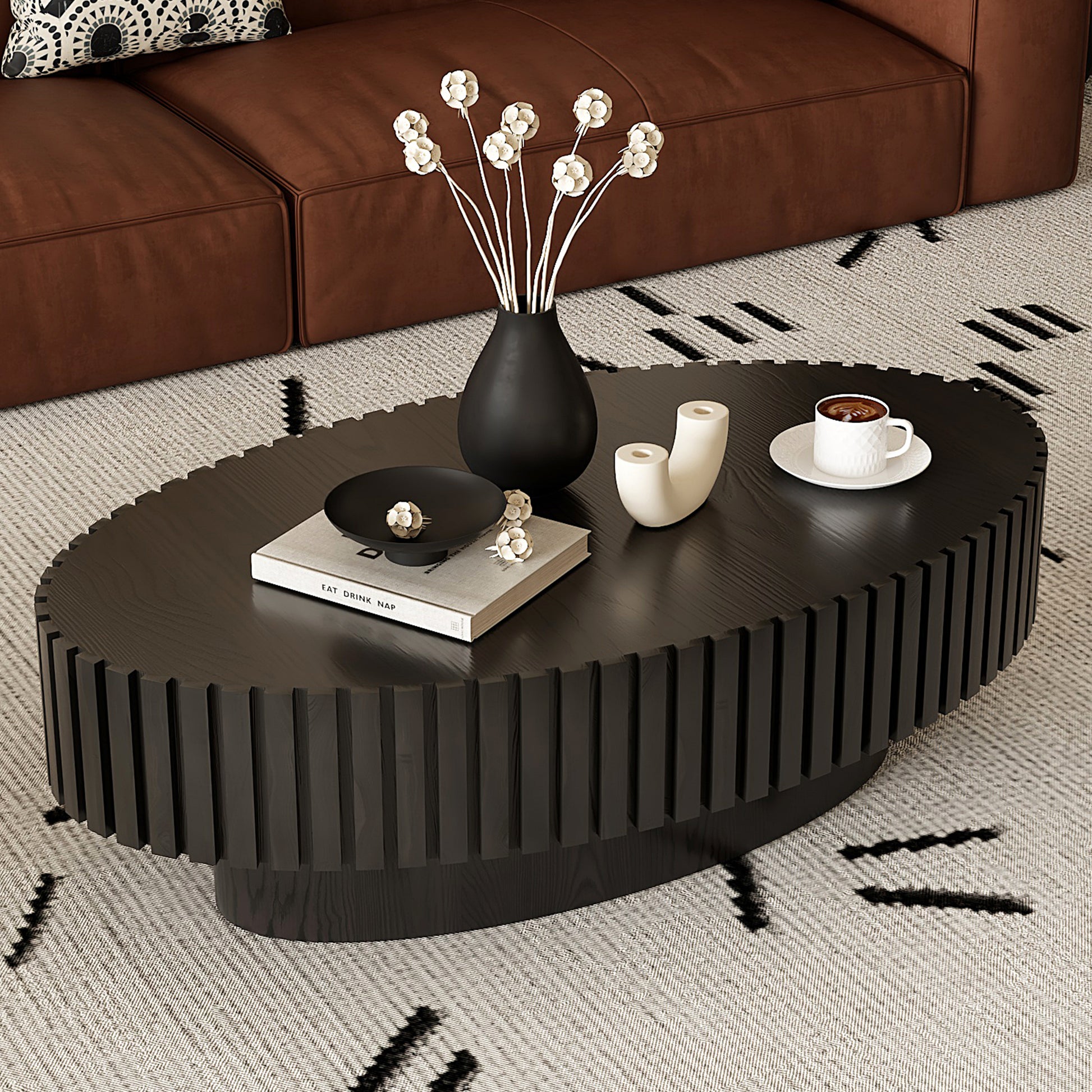 Modern Oval Coffee Table - Black MDF Storage
