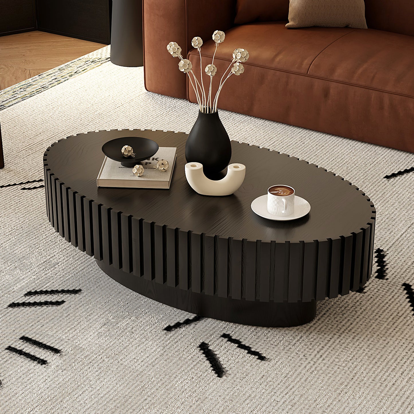Oval Coffee Table Handcrafted Relief Sturdy Pedestal Wooden Olive-Shaped Tea Table for Living Room