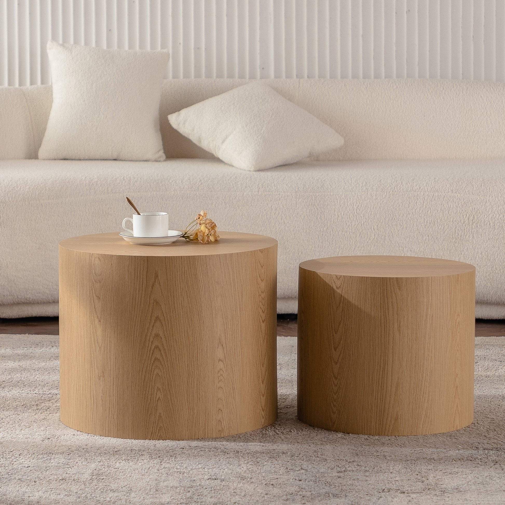 Round Wooden Coffee Table Set of 2 - Natural Wood Accent Tables for Living Room
