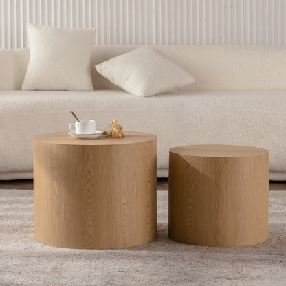 Round Wooden Coffee Table Set of 2 - Natural Wood Accent Tables for Living Room