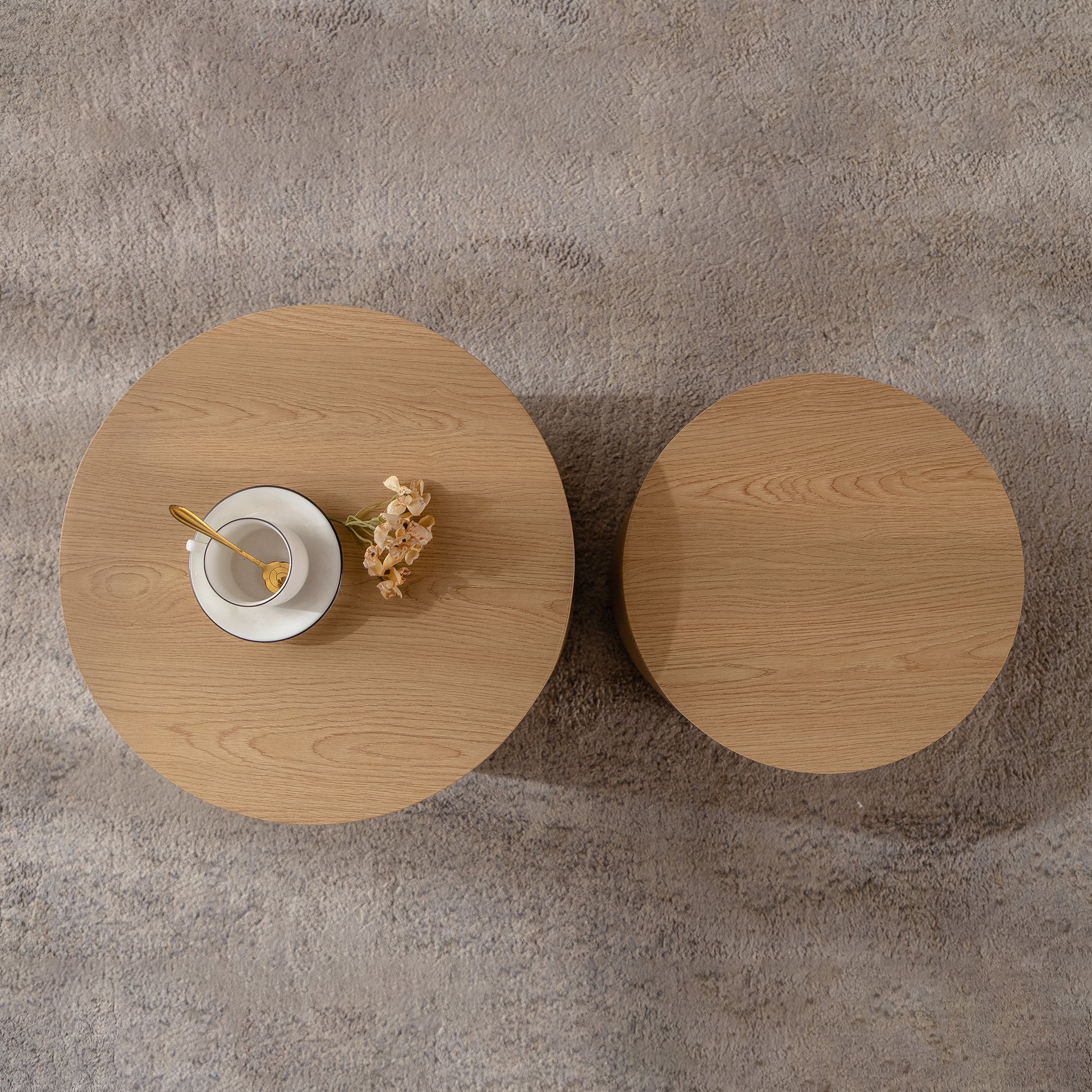 Round Wooden Coffee Table Set of 2 - Natural Wood Accent Tables for Living Room