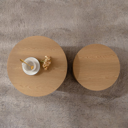 Round Wooden Coffee Table Set of 2 - Natural Wood Accent Tables for Living Room