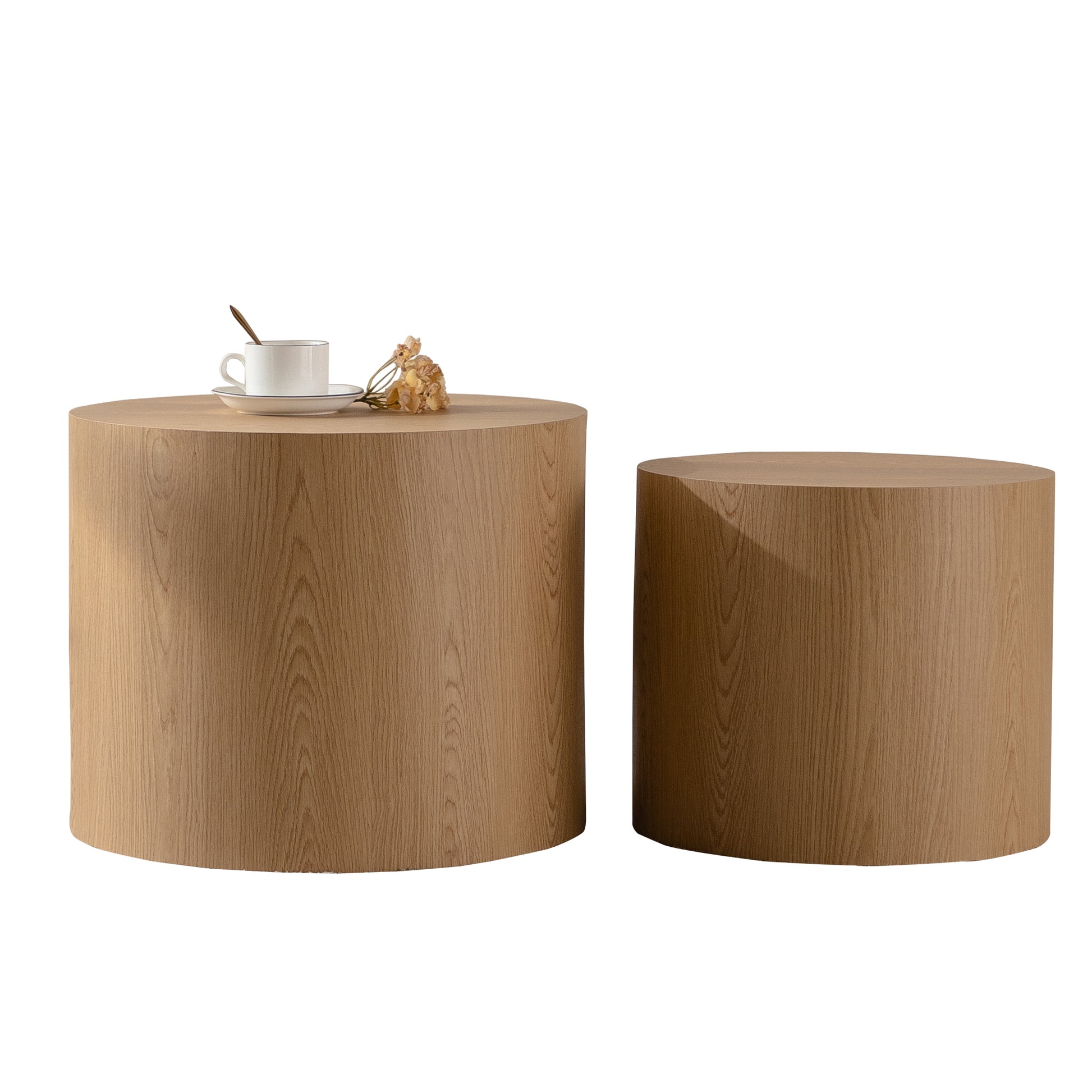 Round Wooden Coffee Table Set of 2 - Natural Wood Accent Tables for Living Room