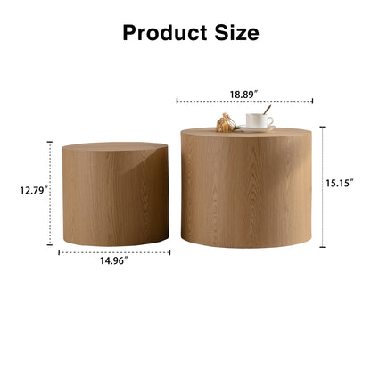 Round Wooden Coffee Table Set of 2 - Natural Wood Accent Tables for Living Room