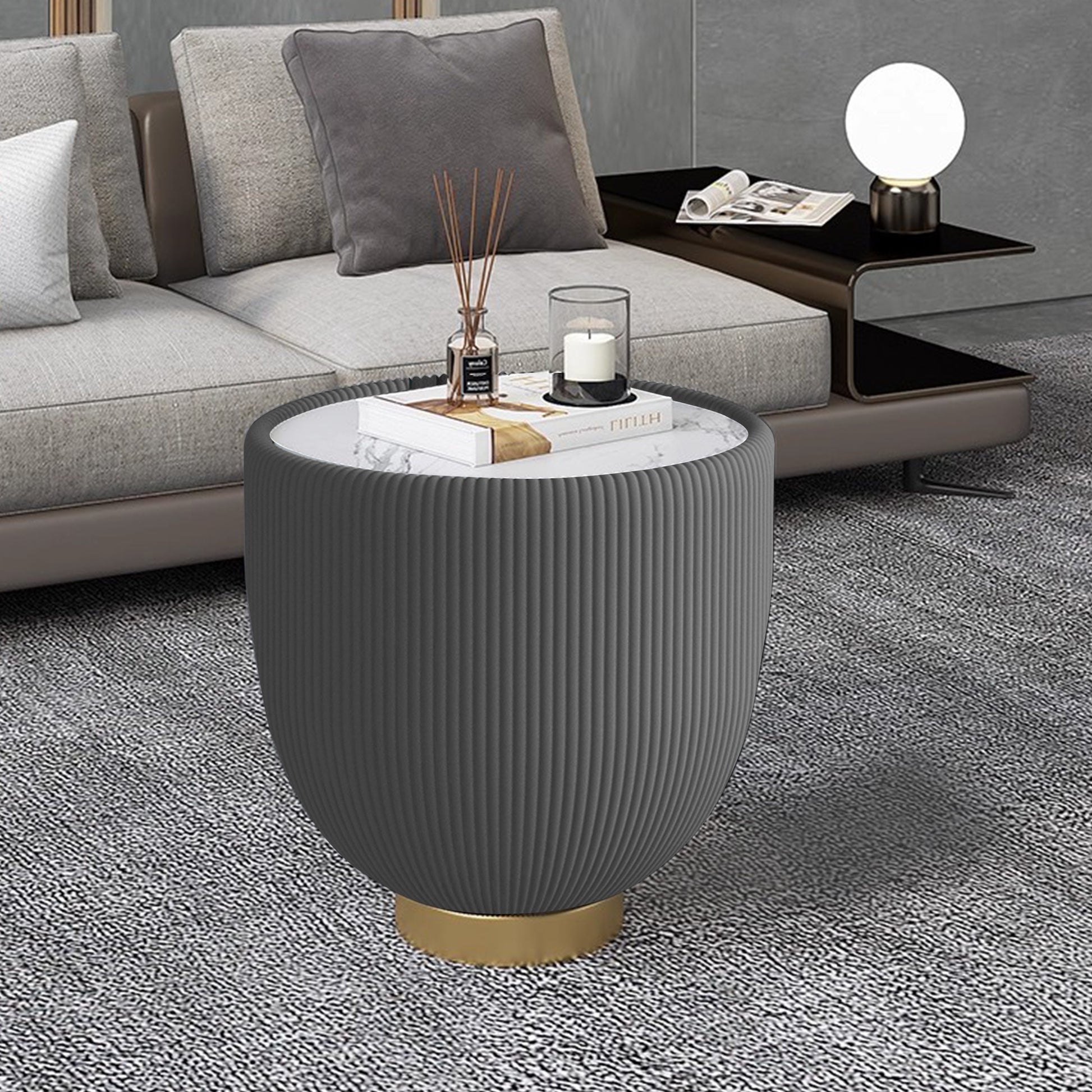 Modern Round Sintered stone Pattern Tabletop Leather Edge Sofa End Table with Metal Base,Luxurious Side Table for Home Decor Living Room
(Each tabletop has a unique grey pattern)