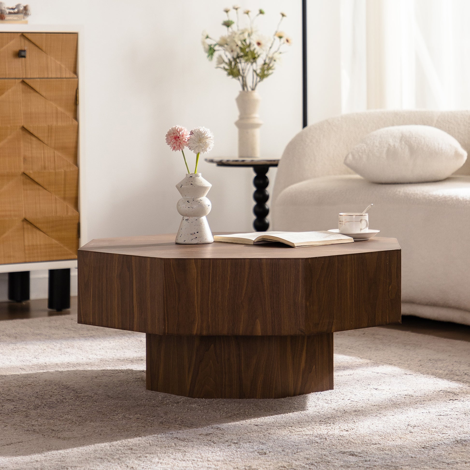 Walnut Round Coffee Table with Modern MDF Finish, 30.51 Inch for Living Room