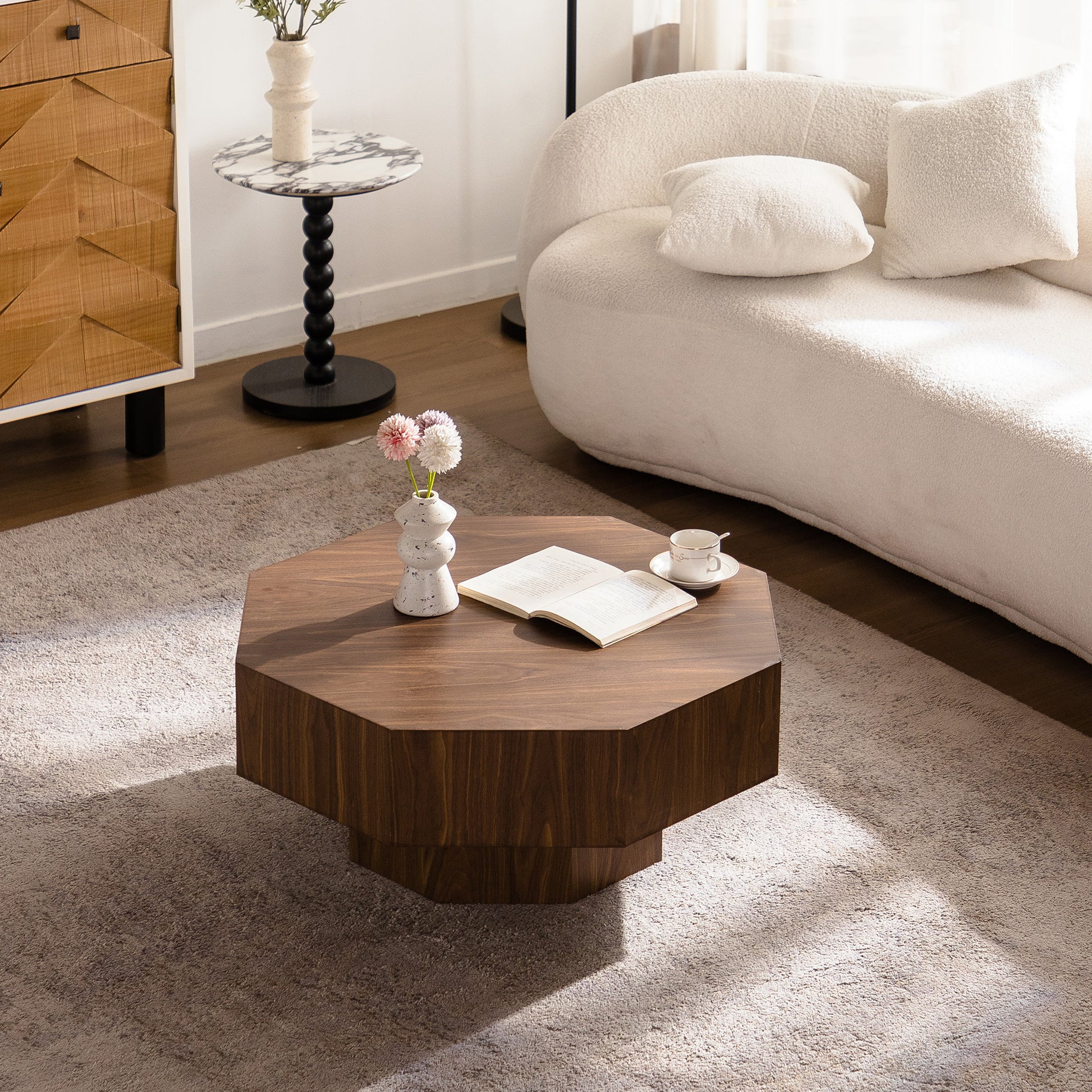 Walnut Round Coffee Table with Modern MDF Finish, 30.51 Inch for Living Room