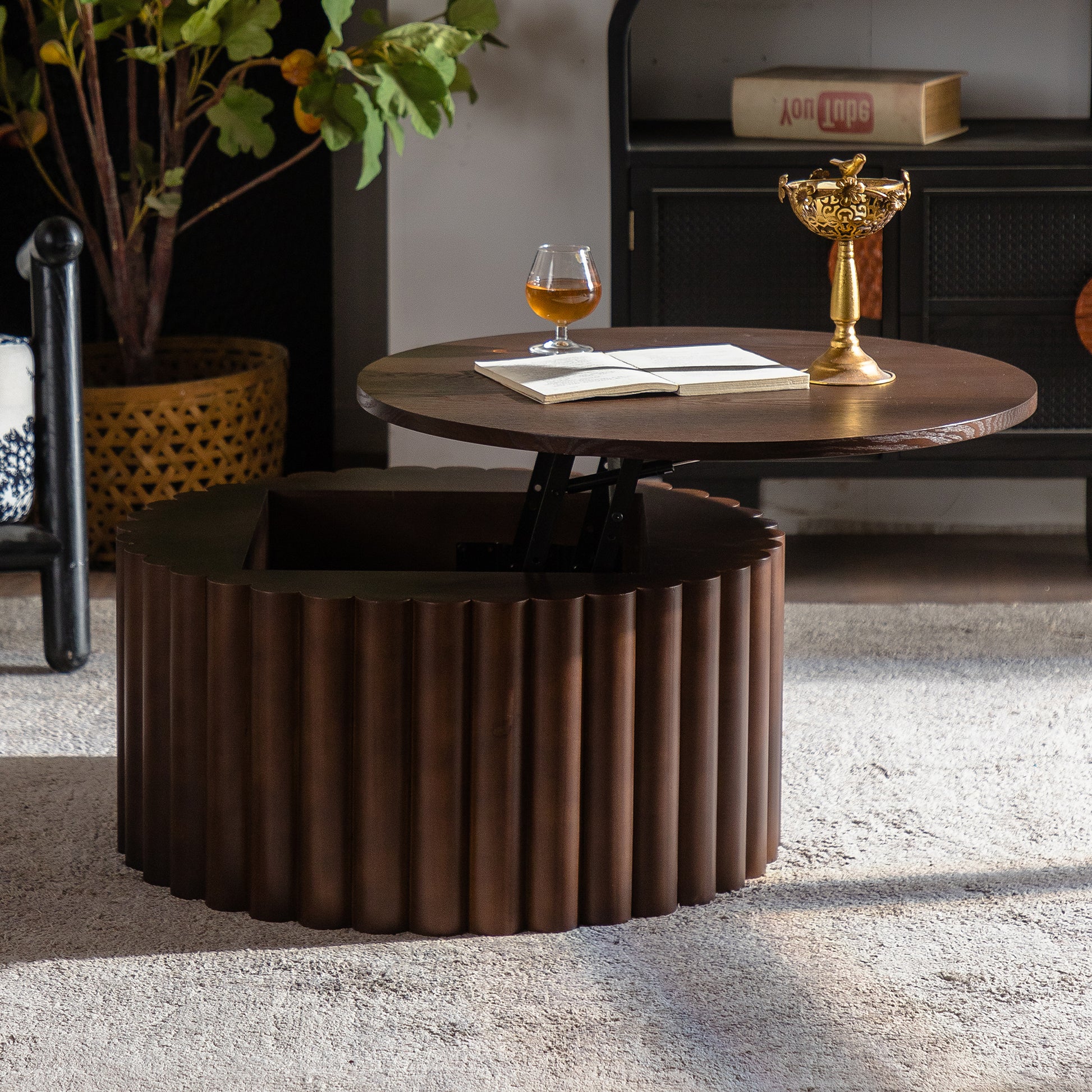 Round Coffee Table With Lift Handcrafted Relief Sturdy Pedestal Wooden Tea Table for Living Room no need to Assemble