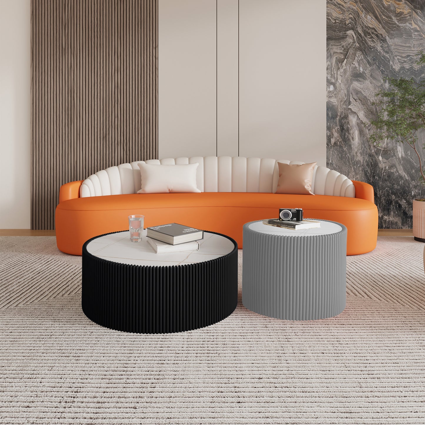Grey White Gold Cylindrical End Table - Modern Coffee Table for Living Room