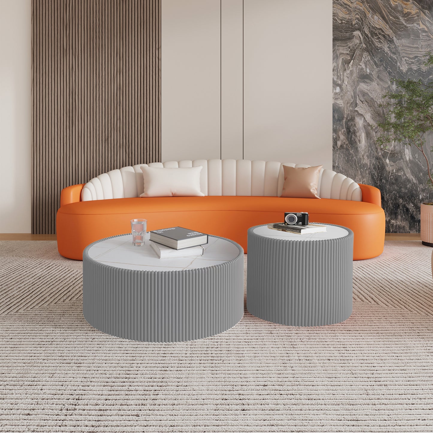 Grey White Gold Cylindrical End Table - Modern Coffee Table for Living Room