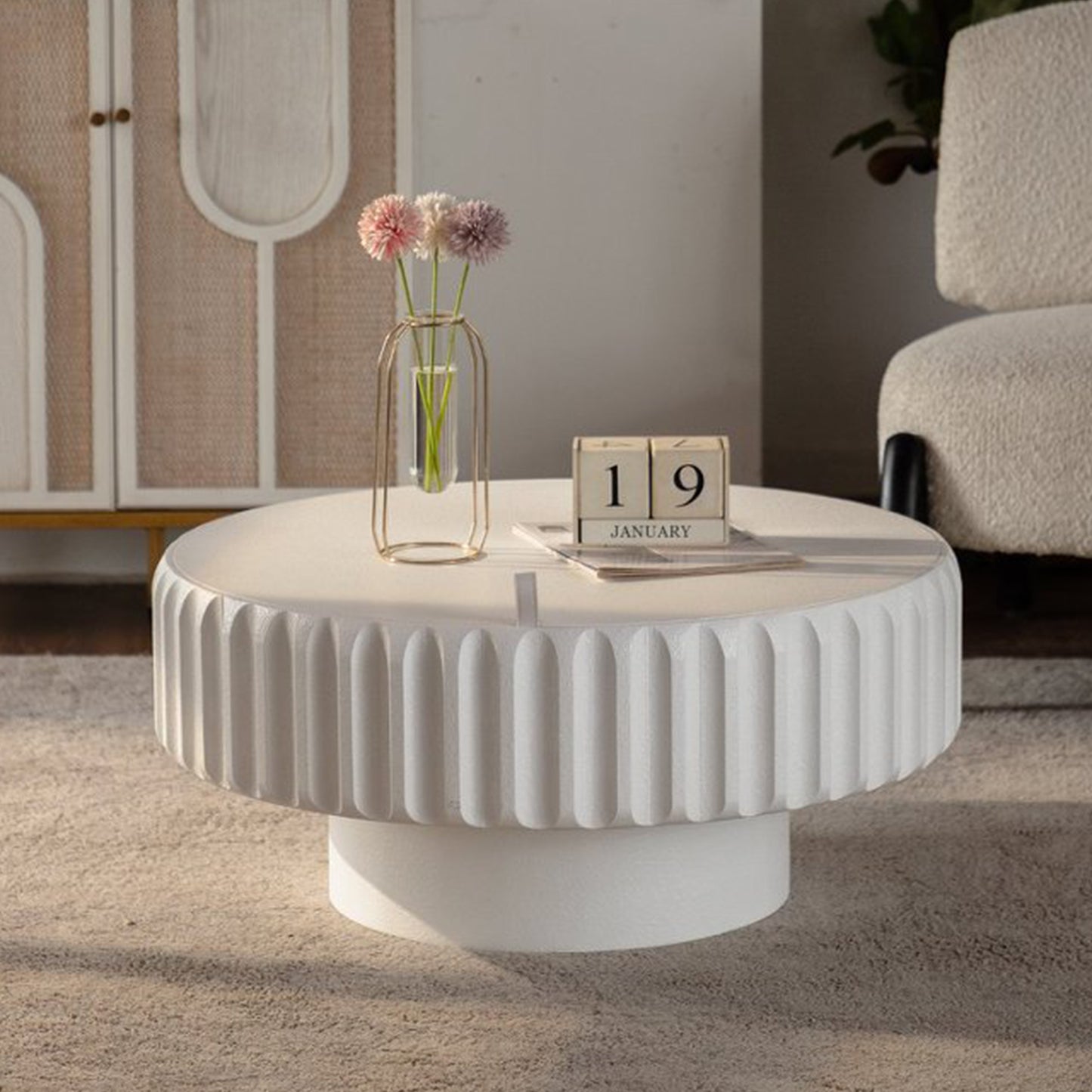 Round Fluted Storage Table - Cream White MDF for Living Room