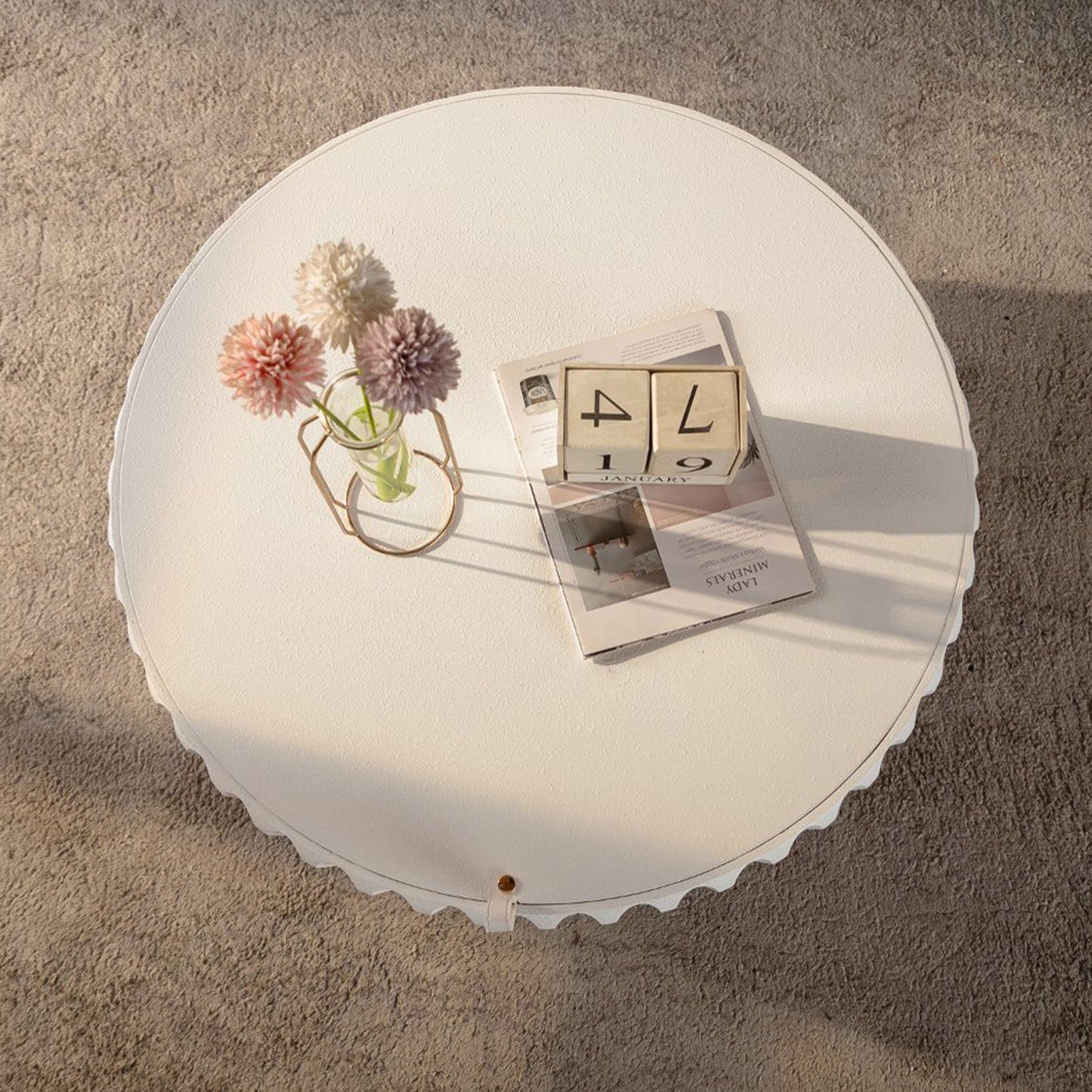 Round Fluted Storage Table - Cream White MDF for Living Room