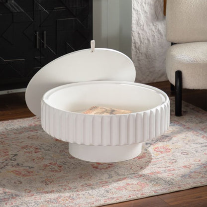 Round Fluted Storage Table - Cream White MDF for Living Room