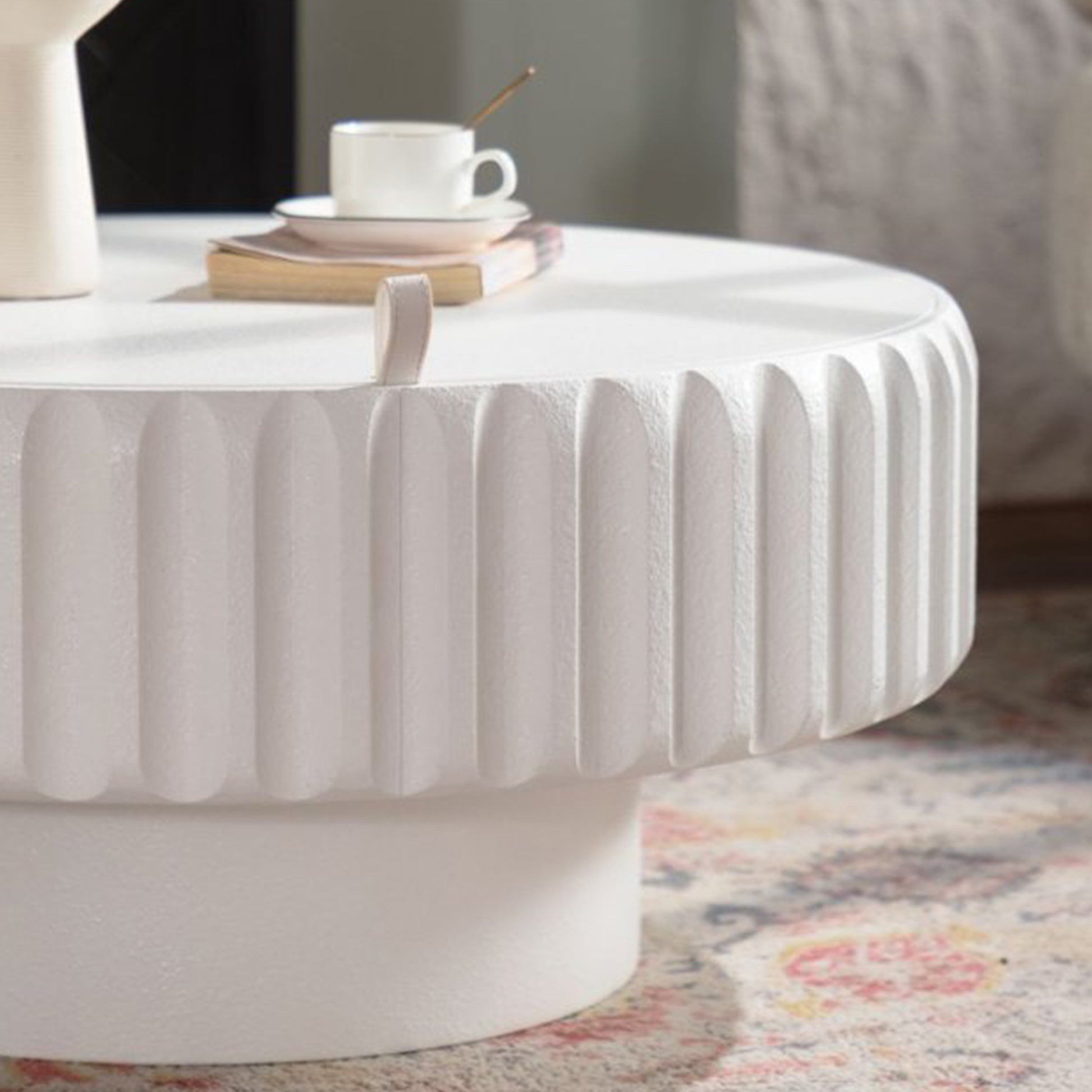 Round Fluted Storage Table - Cream White MDF for Living Room
