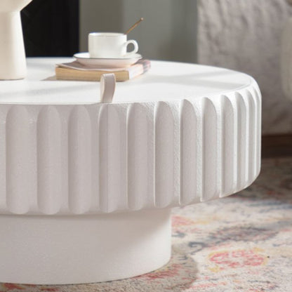 Round Fluted Storage Table - Cream White MDF for Living Room