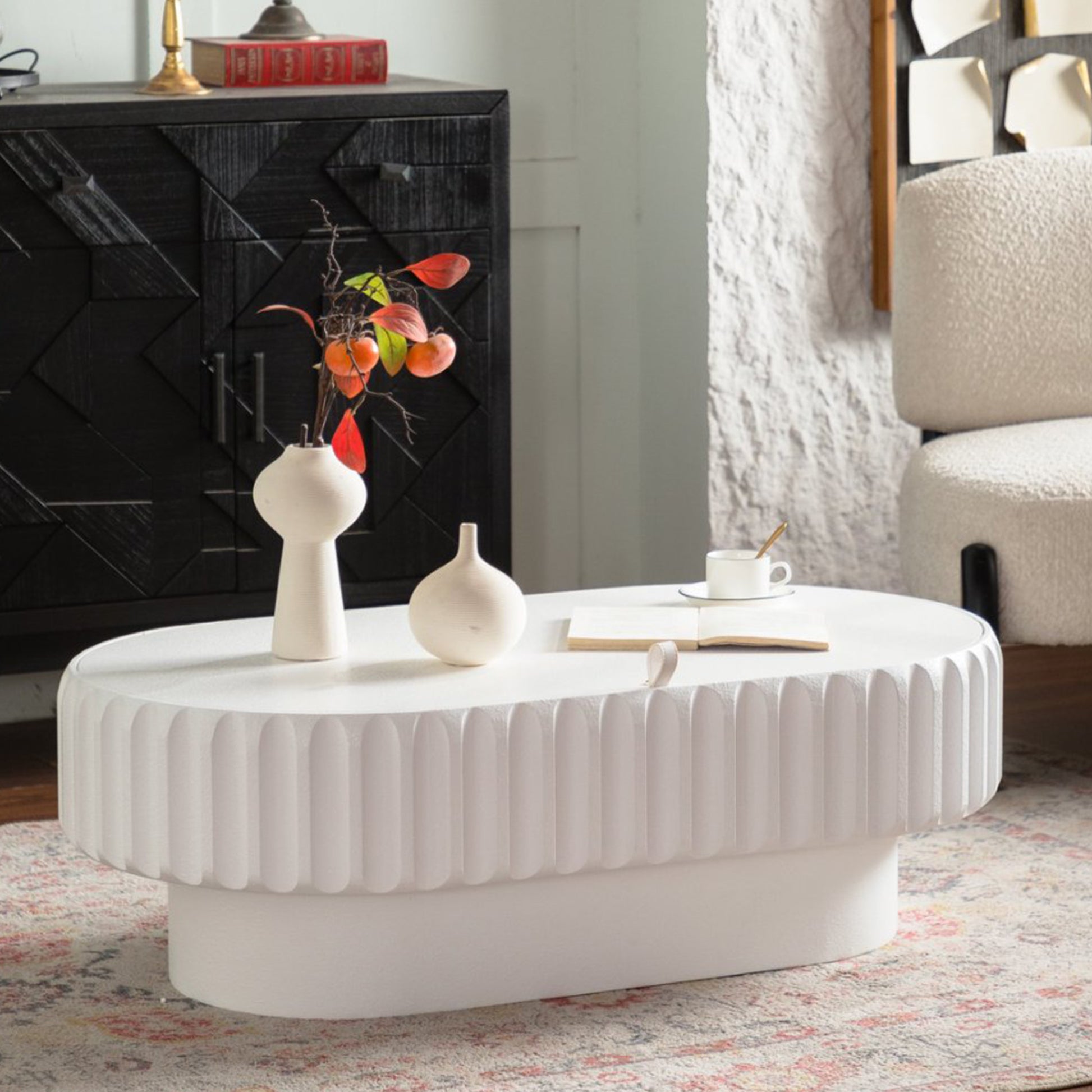 Cream White Oval Desk Top - Modern Storage Table for Living Room