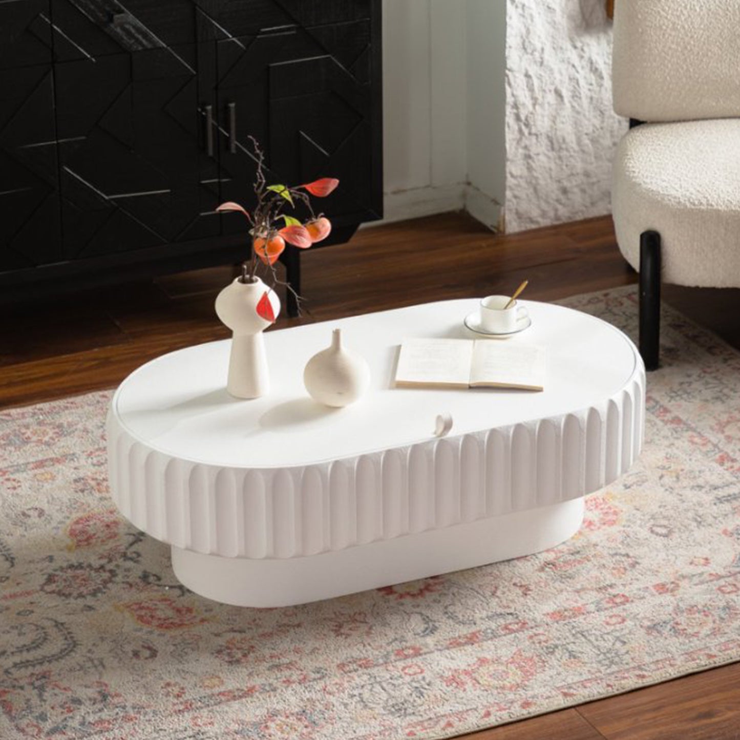 Cream White Oval Desk Top - Modern Storage Table for Living Room