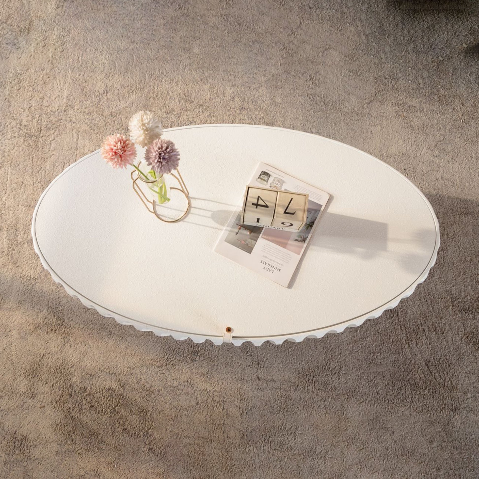 Round Cream White Desk Table with Storage for Living Room