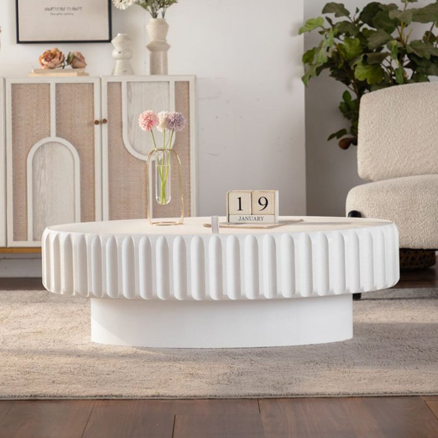 Round Cream White Desk Table with Storage for Living Room