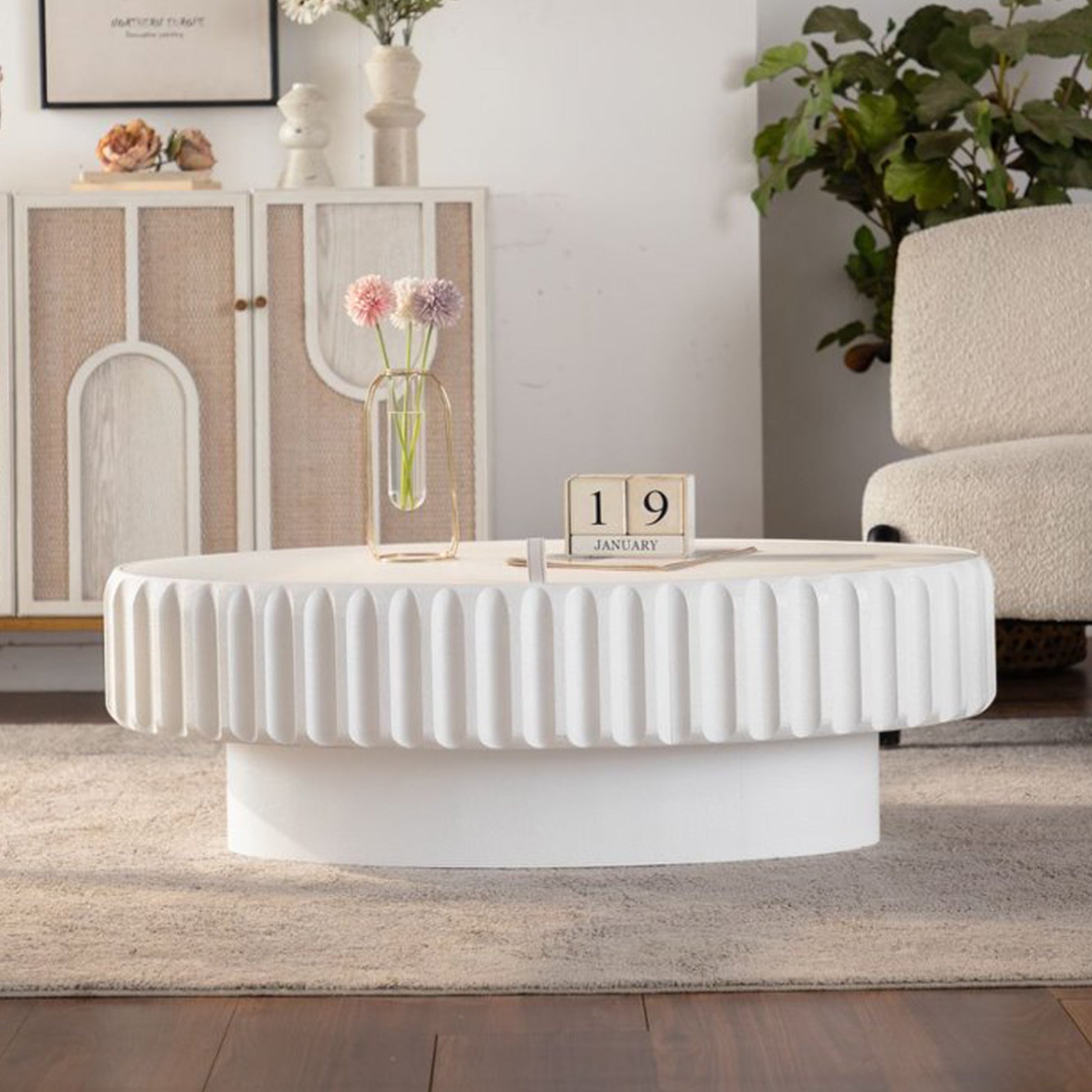 Round Cream White Desk Table with Storage for Living Room