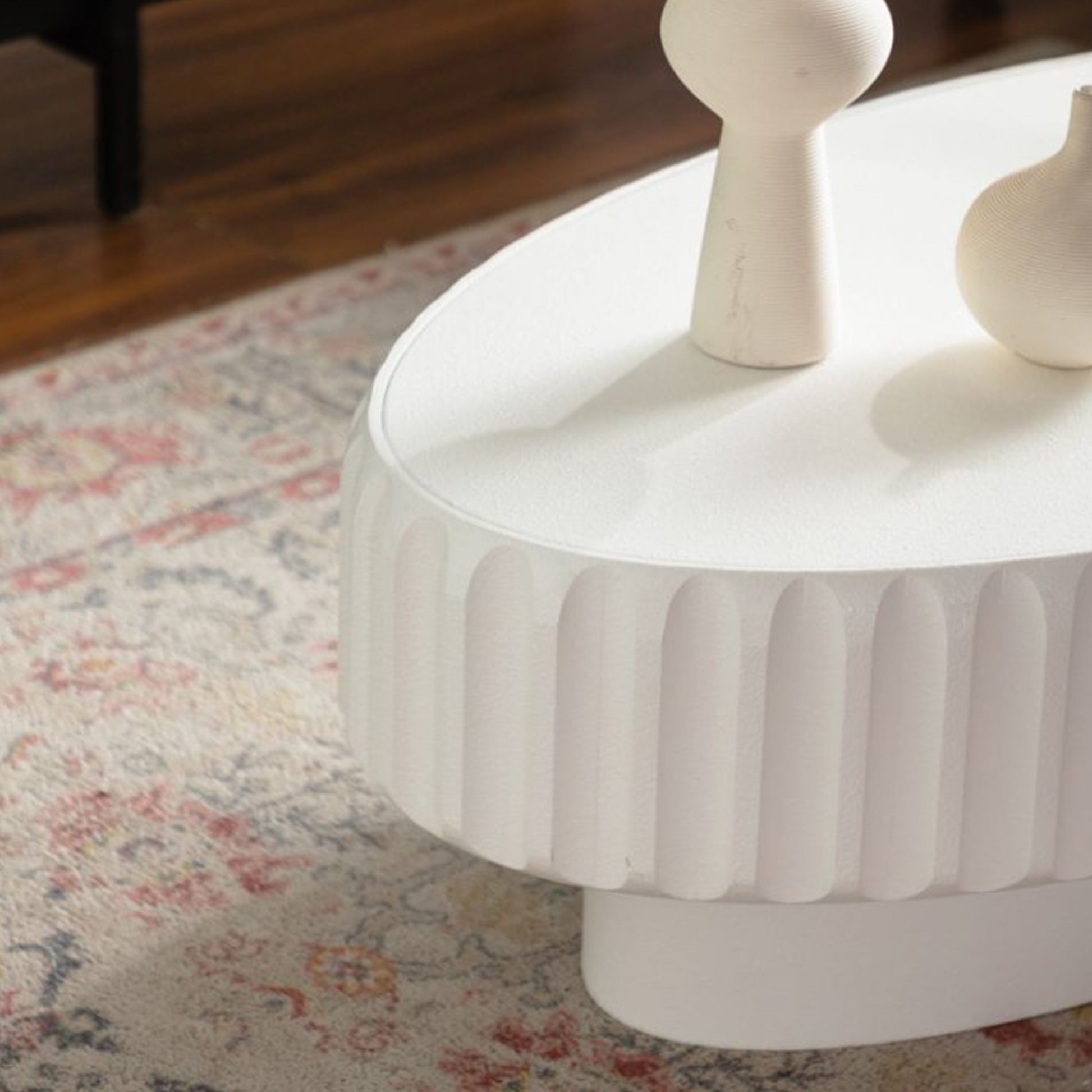 Round Cream White Desk Table with Storage for Living Room