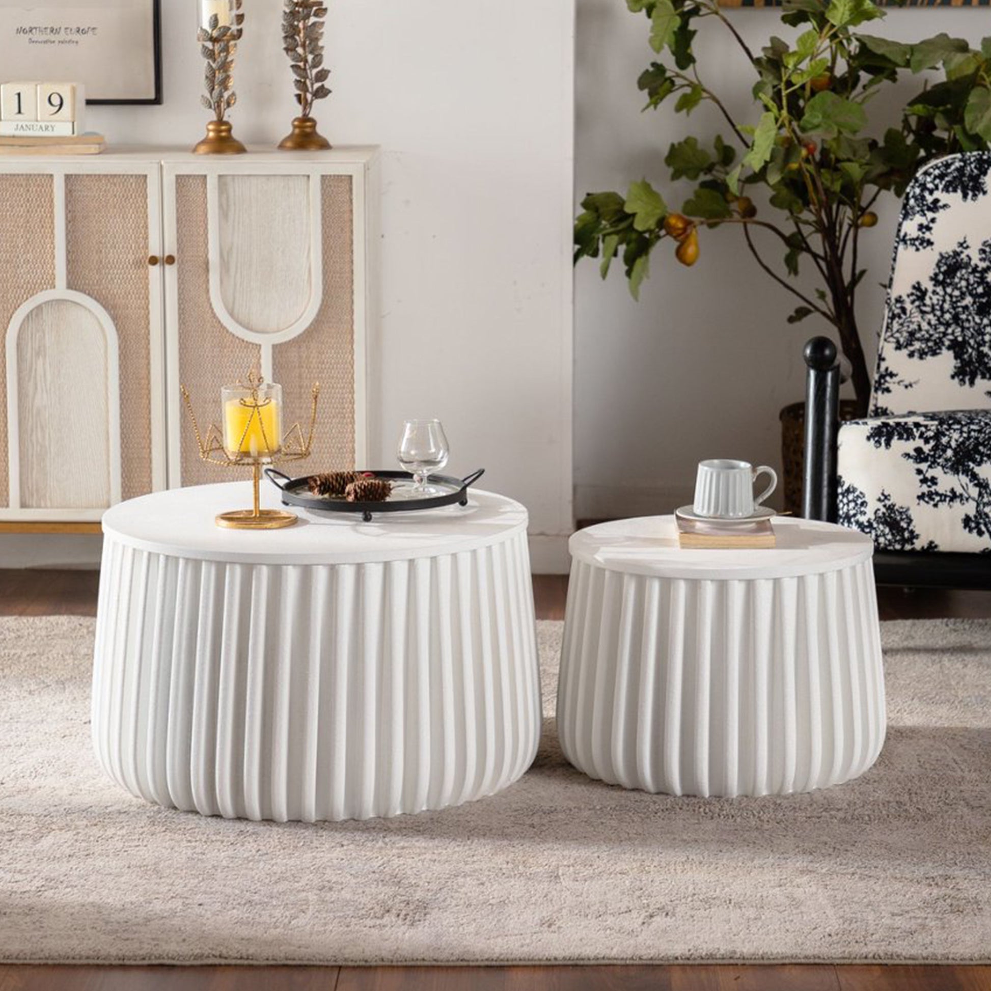 Cream White Round Storage Table - Coffee Table