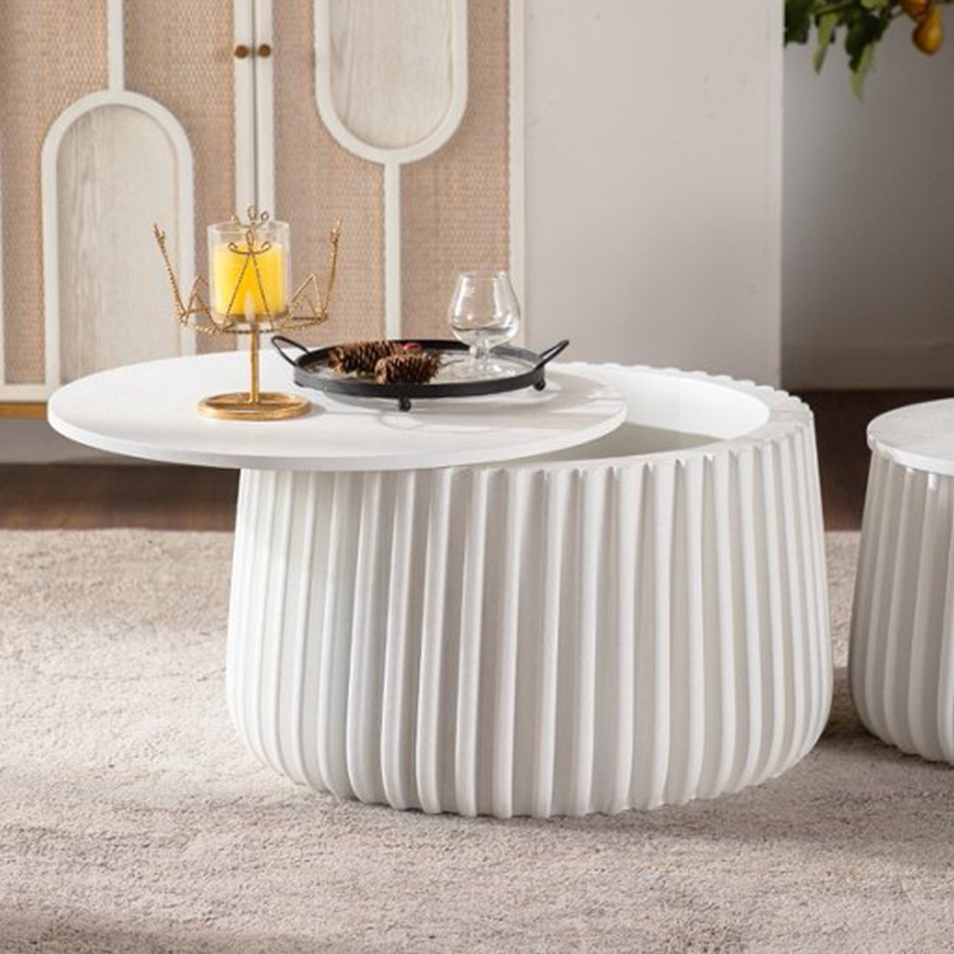 Cream White Round Storage Table - Coffee Table