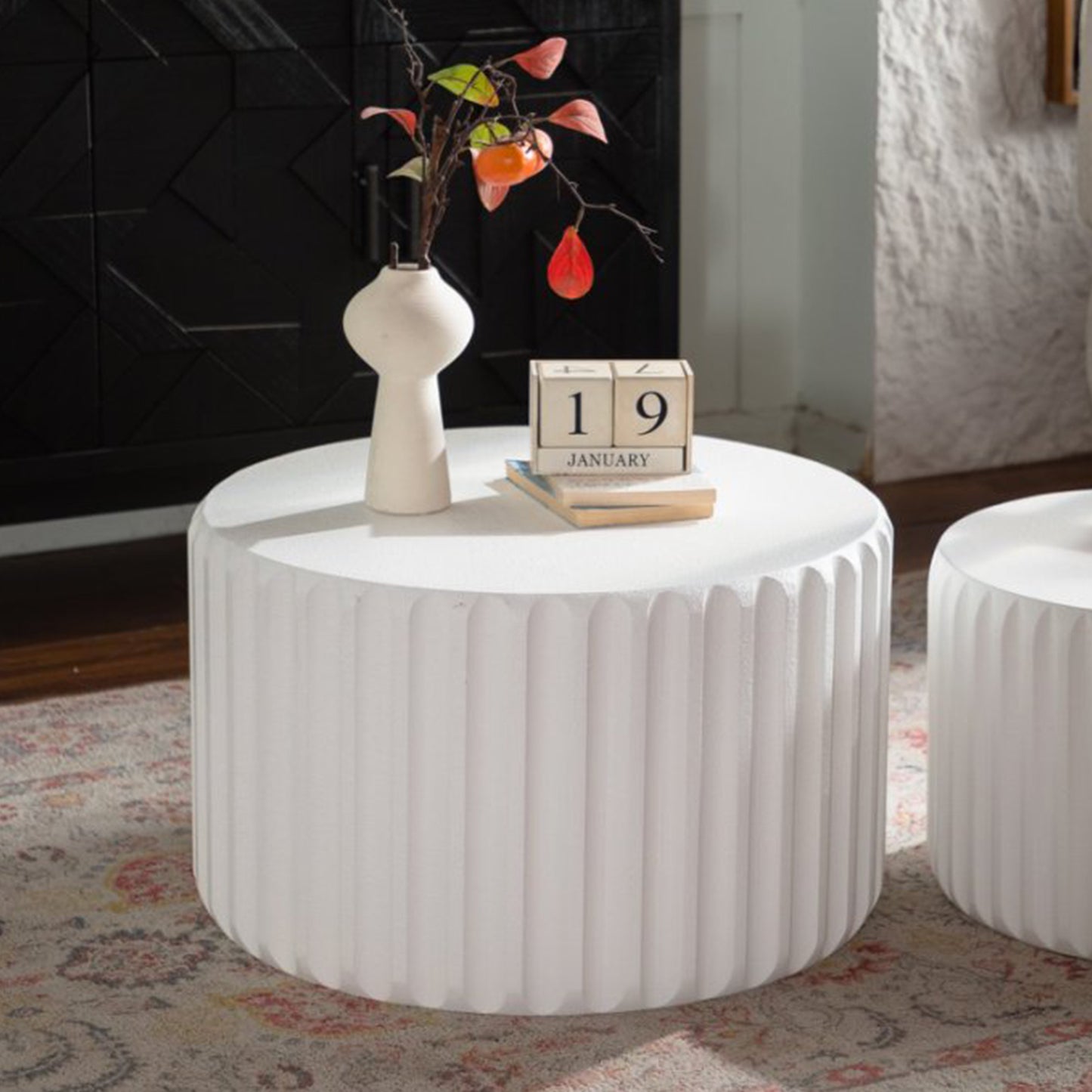 White Scalloped Round Coffee Table - Cream White MDF