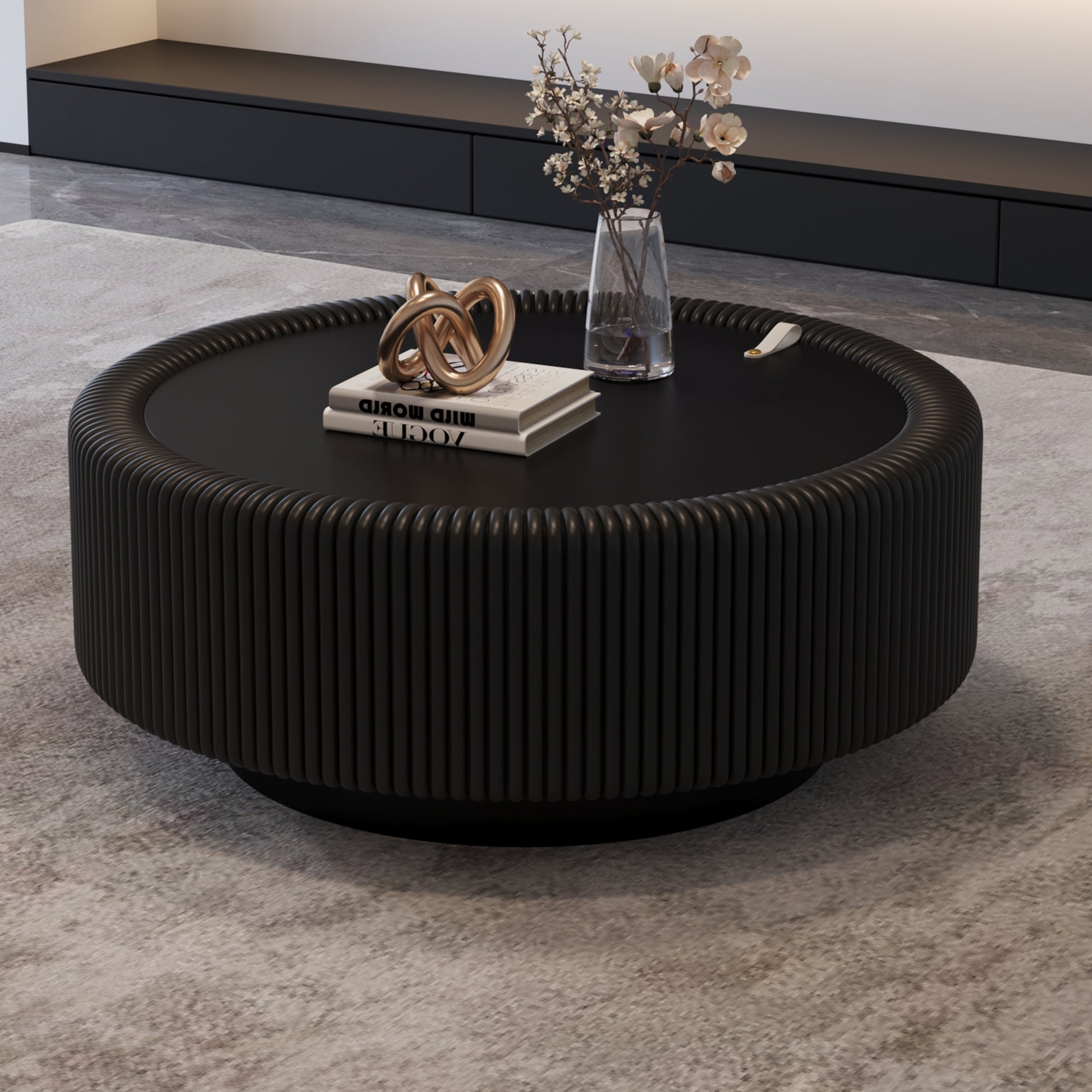 Round Black Coffee Table with Glass Top & Storage for Living Room