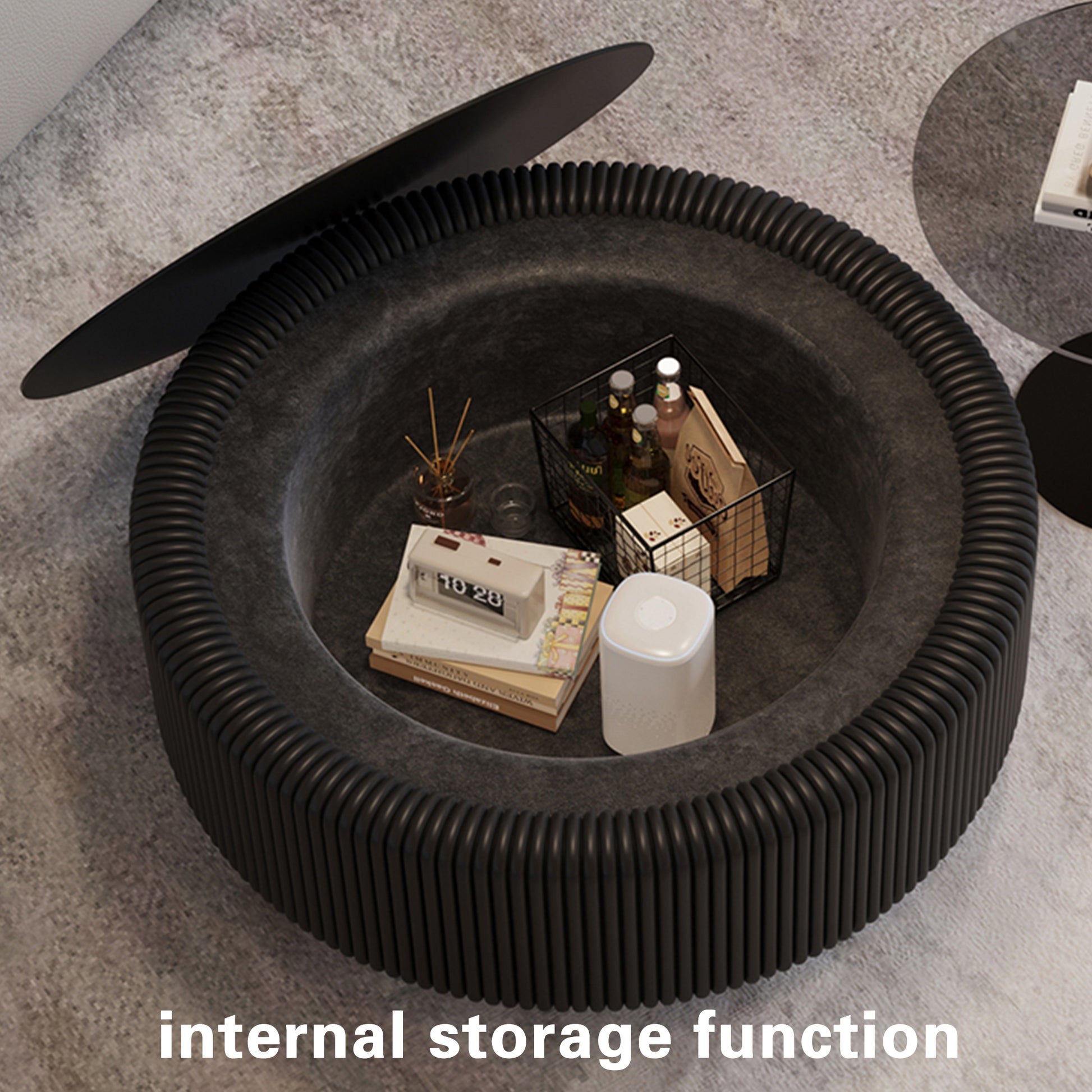 Round Black Coffee Table with Glass Top & Storage for Living Room