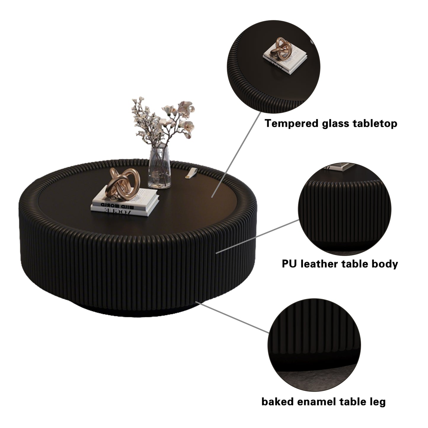 Round Black Coffee Table with Glass Top & Storage for Living Room