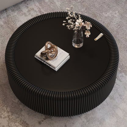 Round Black Coffee Table with Glass Top & Storage for Living Room