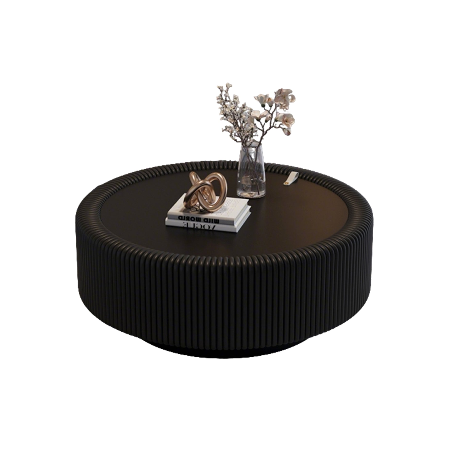 Round Black Coffee Table with Glass Top & Storage for Living Room