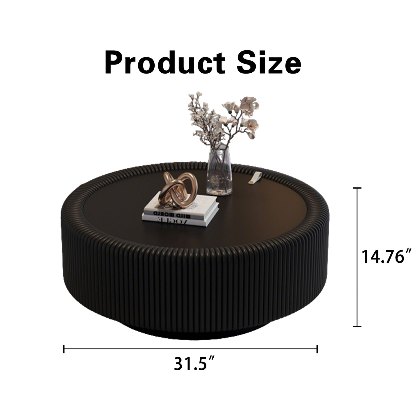 Round Black Coffee Table with Glass Top & Storage for Living Room