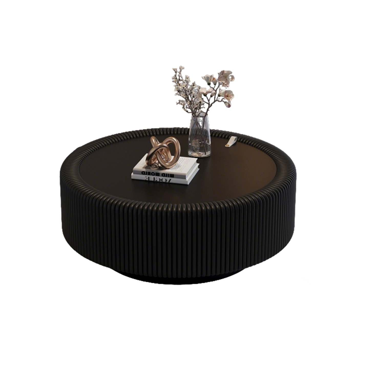 Round Black Coffee Table with Glass Top & Storage for Living Room