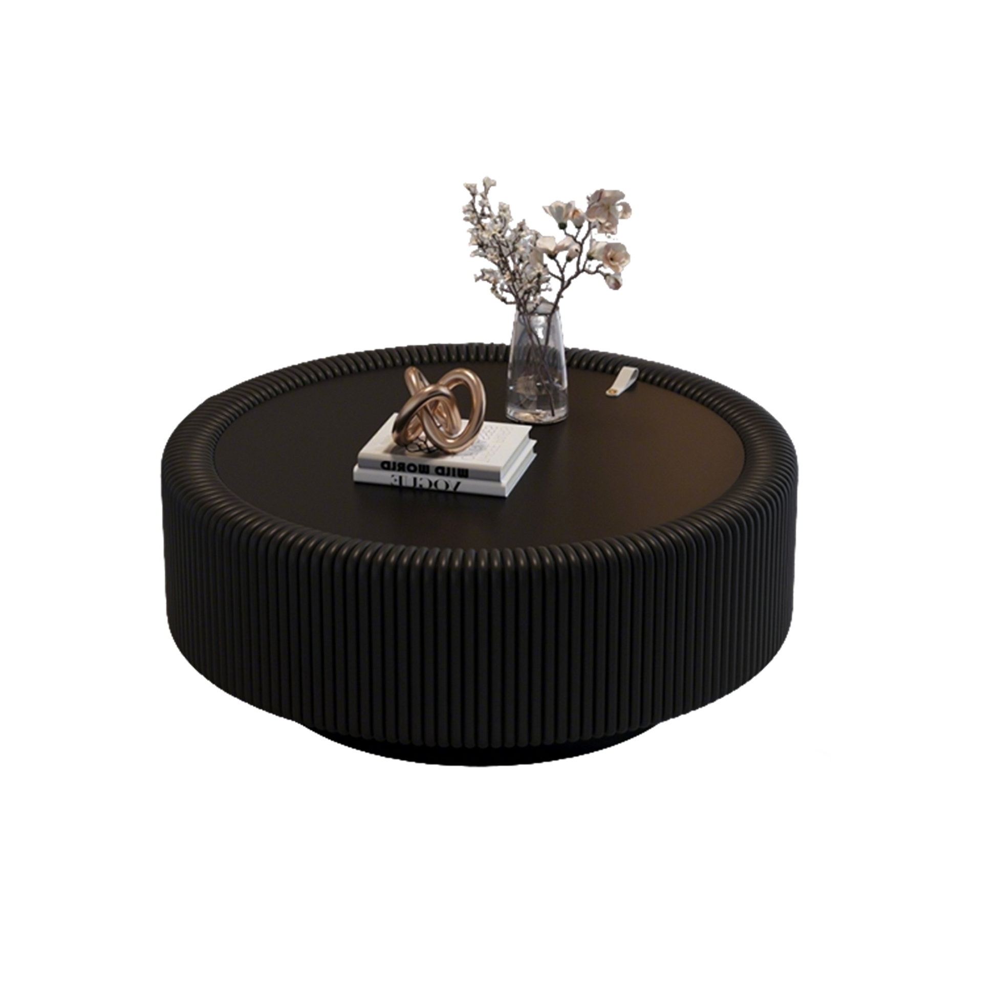 Round Black Coffee Table with Glass Top & Storage for Living Room