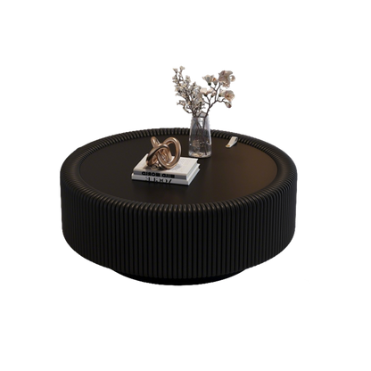 Round Black Coffee Table with Glass Top & Storage for Living Room