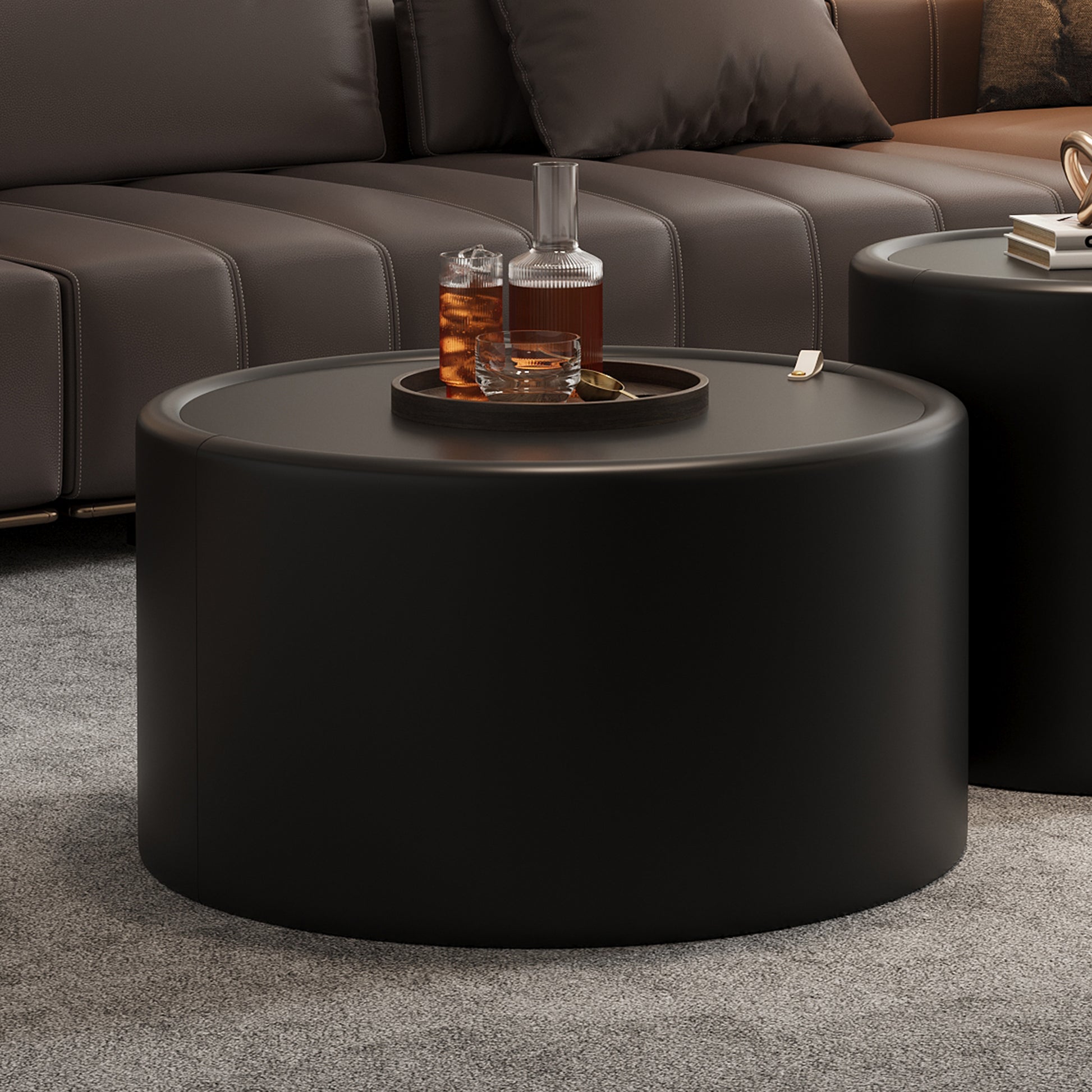 Black Round Coffee Table with Tempered Glass Top, PU Leather Body & Hidden Storage for Living Room, Modern Accent Table
