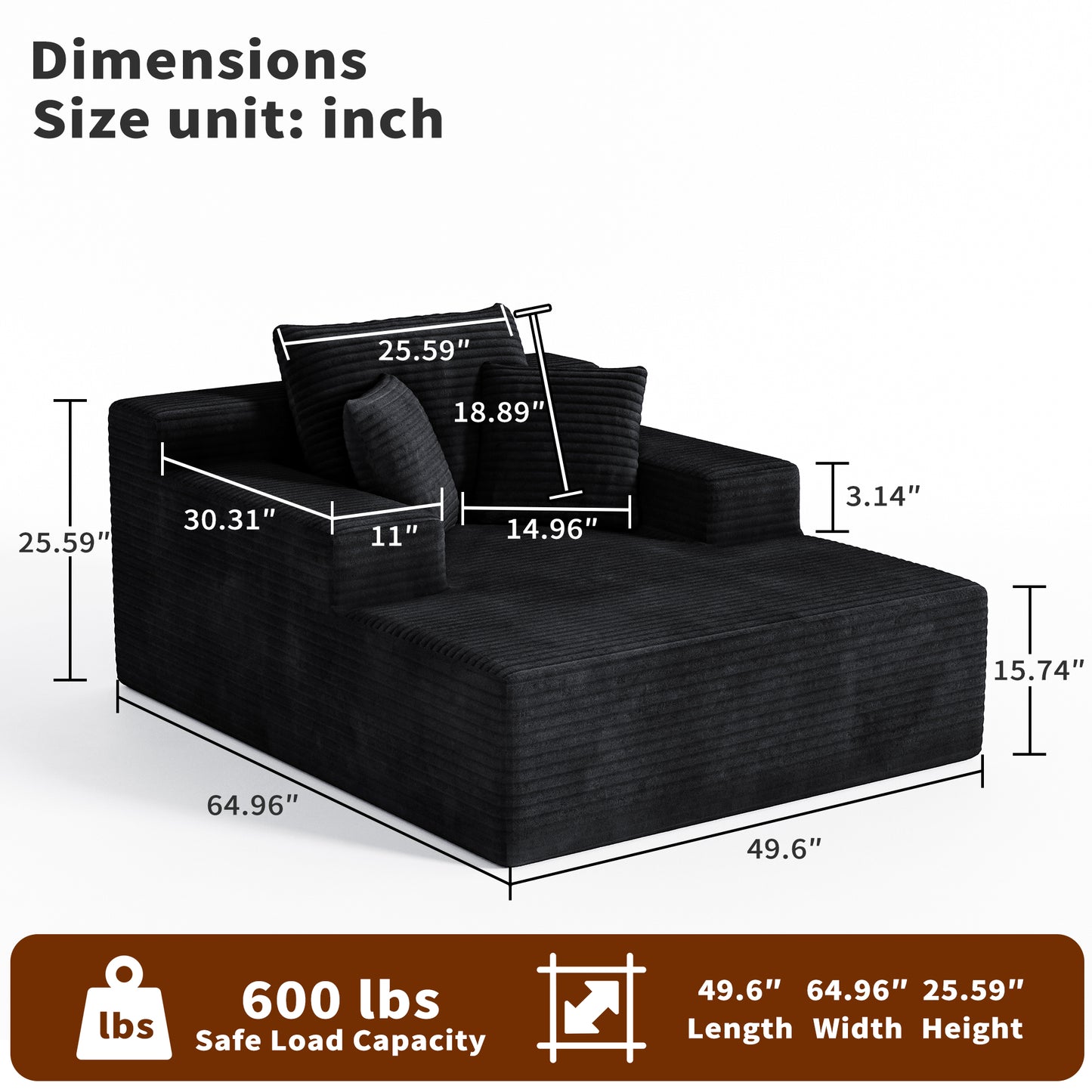 Extra Large Black Corduroy Lazy Sofa Chair for Living Room