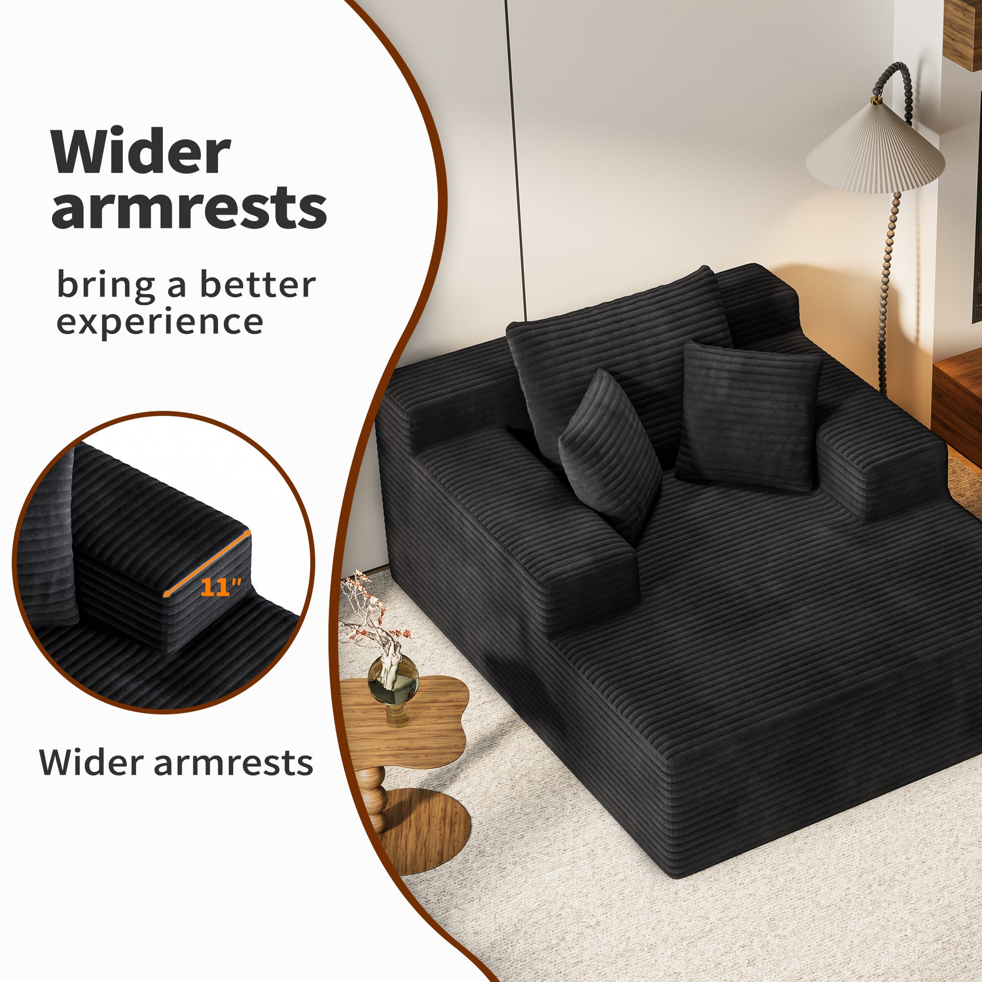 Extra Large Black Corduroy Lazy Sofa Chair for Living Room