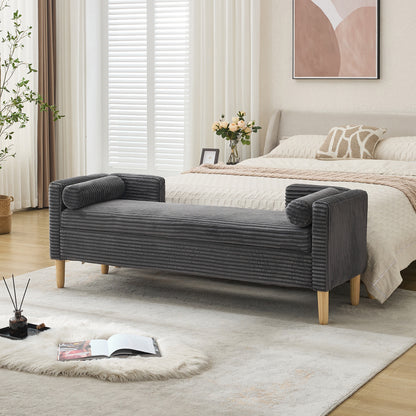 65.35"Wide Upholstered Flip-top Storage Accent Bed Bench, Corduroy Footrest Ottoman with Armrests&Backrest&2 Bolster Pillows Wood Legs for Living Room, End of Bed, Hallway, Entryway Bedroom. Charcoal