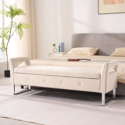 67.91"Wide Velvet Storage Soft Bench with Armrests  for Living Room, Entryway and Bedroom.  Beige
