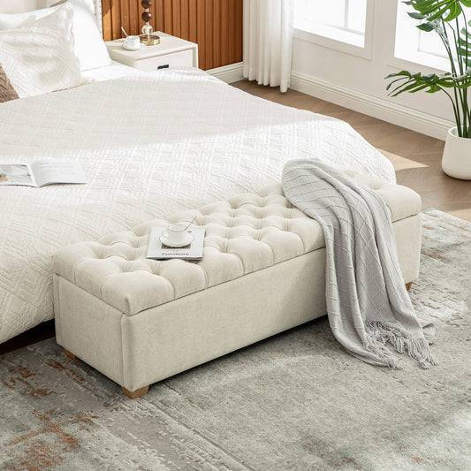 60.2'' Wide Chenille Upholstered Storage End of Bed Bench, Tufted Flip-Top Accent Window Bench Footrest Stool Ottoman with Legs for Living Room, Bedroom, Entryway, Dining Room, Dorm, Corner, Beige