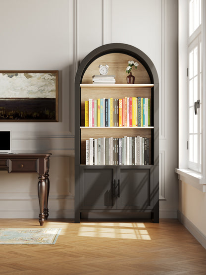 66.70 inch Tall Arched Bookcase with Storage, Mid-Century Modern 3-Tier Arched Cabinet with Door, Arched Bookshelf Cabinet with Open Display Storage Shelf for Office Dining Room Living Room (Black)
