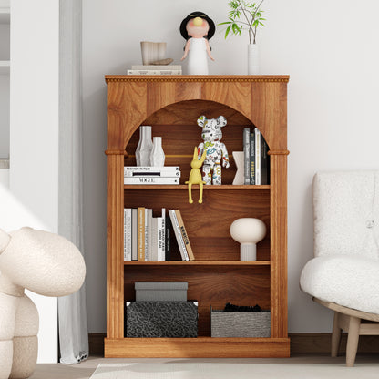 3-Tier Arched Open Bookshelf, Traditional Freestanding Bookcase with Decorative Beaded Trim, Light Walnut Wood Display Shelf for Living Room, Home Office, Bedroom, and Hallway