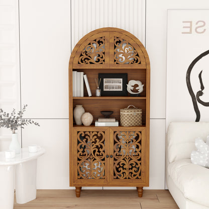 Vintage Arched Carved Wood Cabinet, 66" Tall Open Shelf Bookcase, Freestanding Decorative Storage for Home & Office