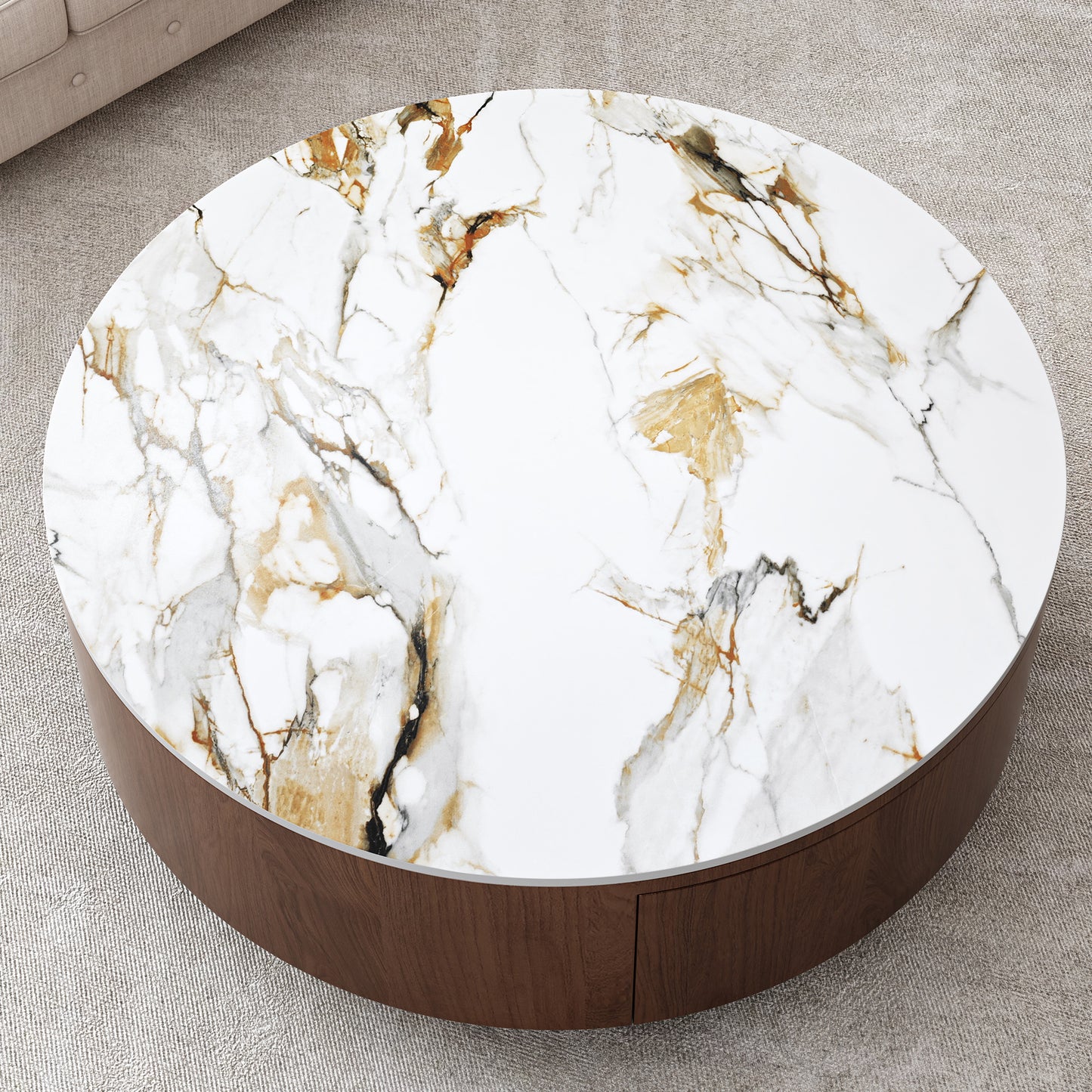 Rustic Round Coffee Table - Walnut Brown & Sintered Stone