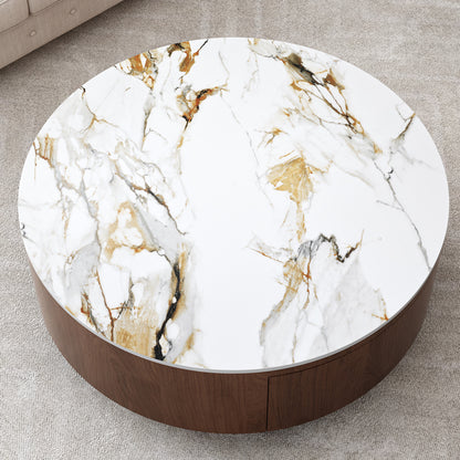 Rustic Round Coffee Table - Walnut Brown & Sintered Stone